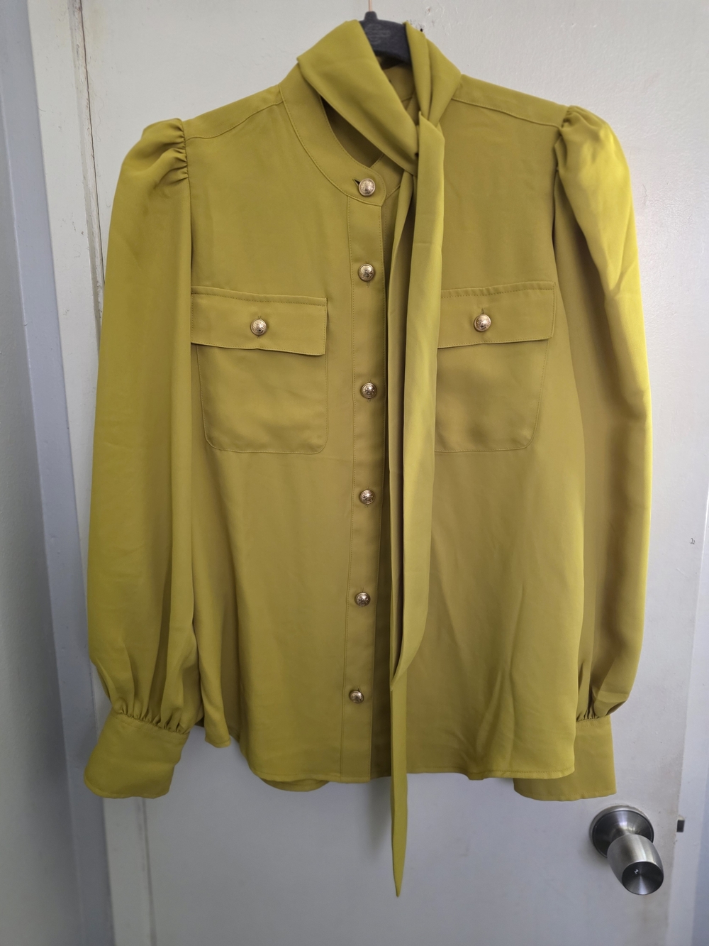 Express Mustard Tie-Neck Button Down Blouse